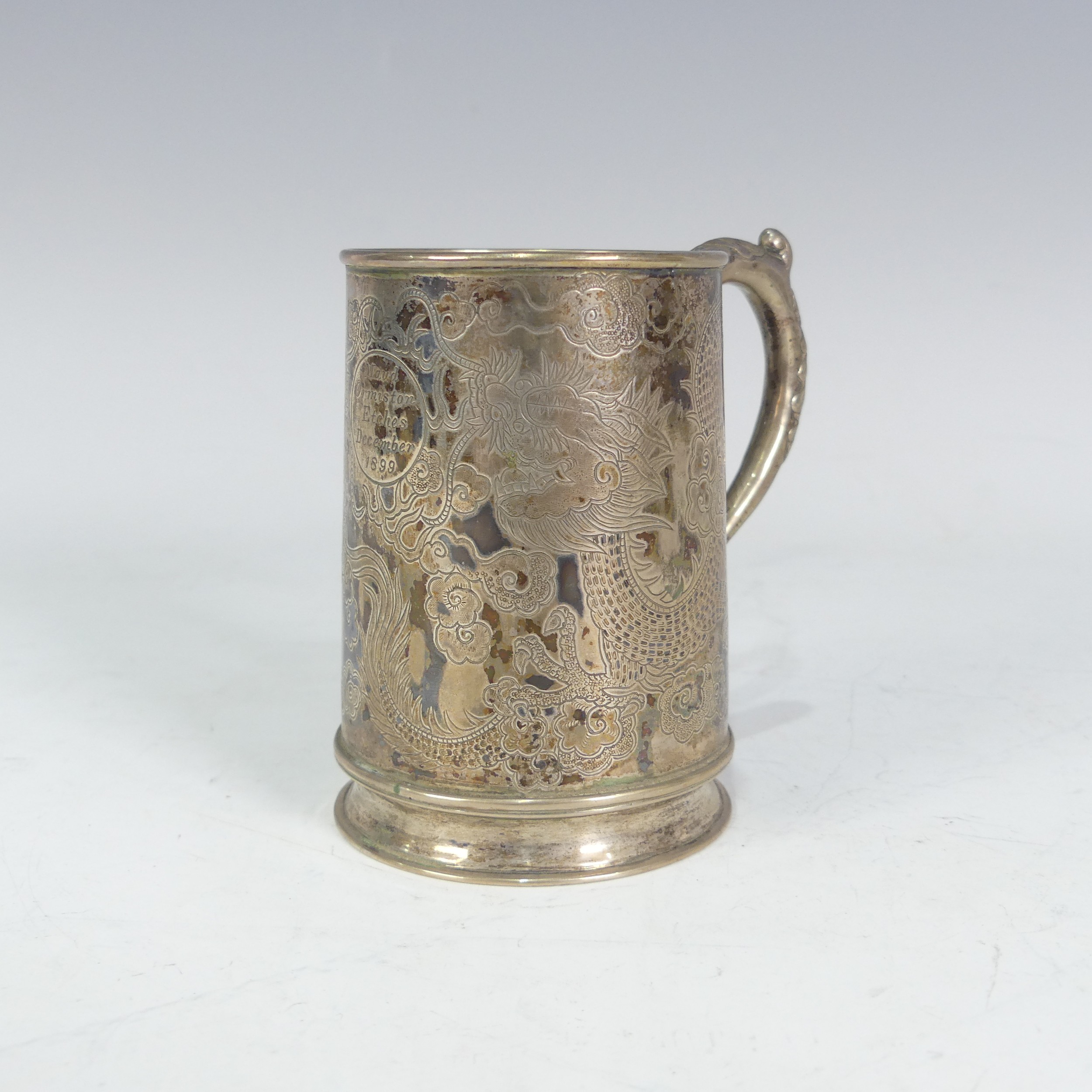 A 19thC Chinese export silver Mug, by Hung Chong, of conical form with engraved scrolling dragon - Image 12 of 14