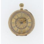 A 14ct gold Fob Watch, the gilt dial with foliate decoration and Roman Numerals, gilt metal cuvette,