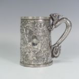 A mid-19thC Chinese Export silver Mug, marked KHC, for Khecheong of Canton, of conical form, with