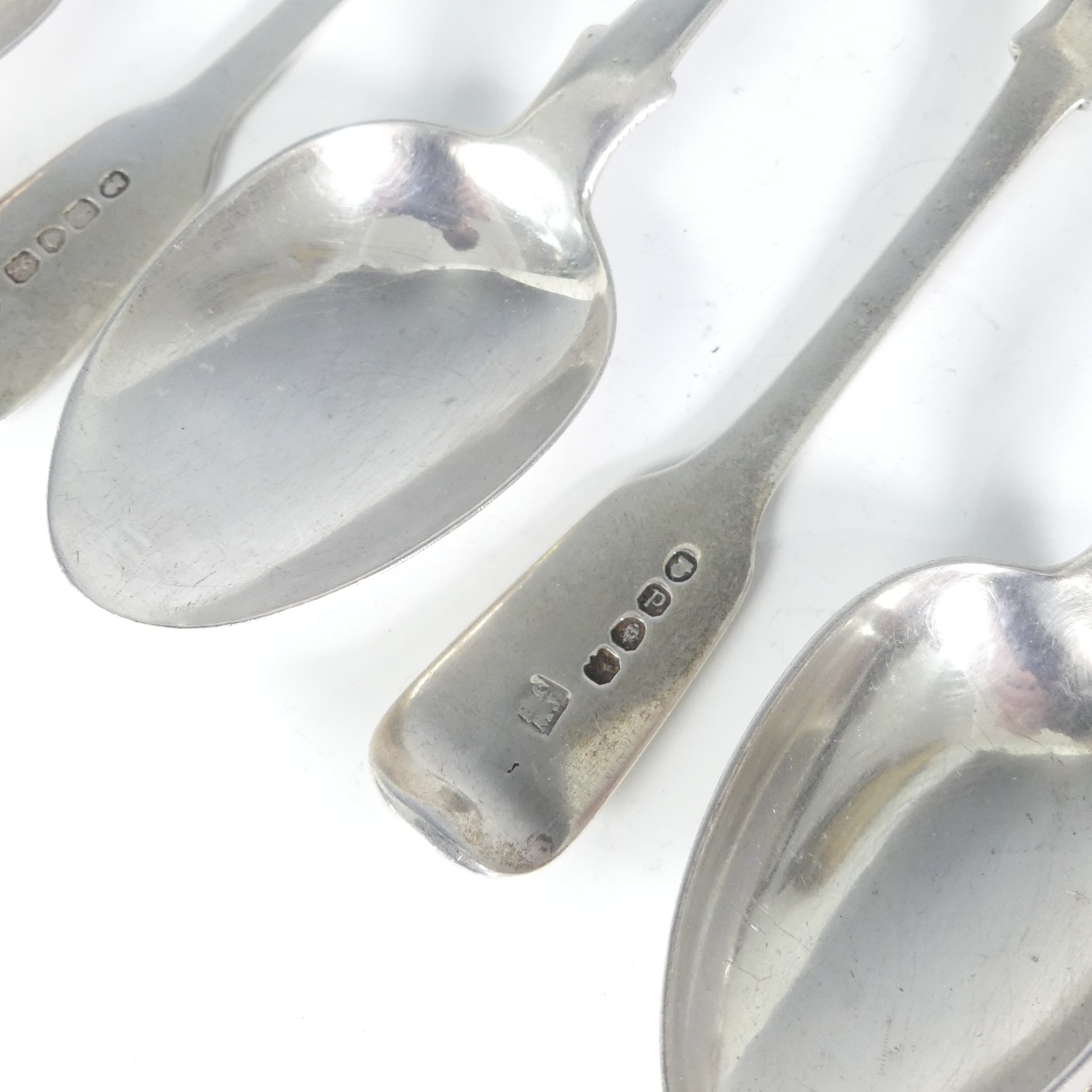 A set of three Victorian silver fiddle pattern Dessert Spoons, by John Stone, hallmarked Exeter - Image 3 of 4