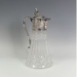 A silver plate mounted cut glass Claret Jug, in the manner of Elkington & Co., the collar with