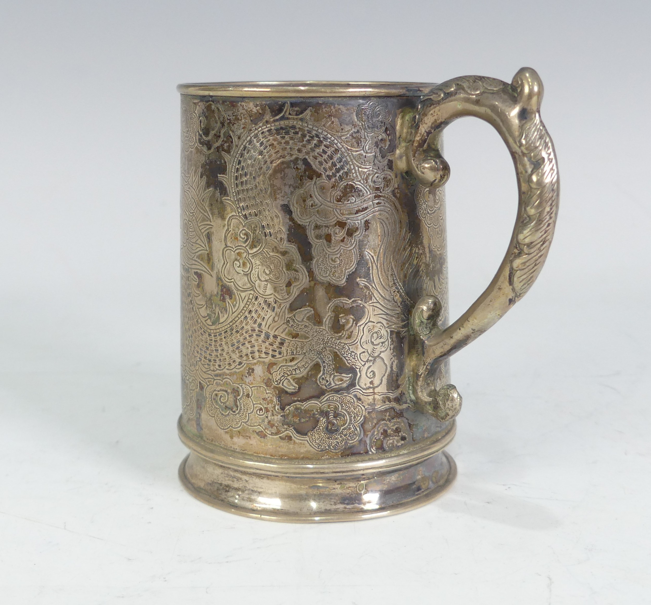 A 19thC Chinese export silver Mug, by Hung Chong, of conical form with engraved scrolling dragon - Image 10 of 14