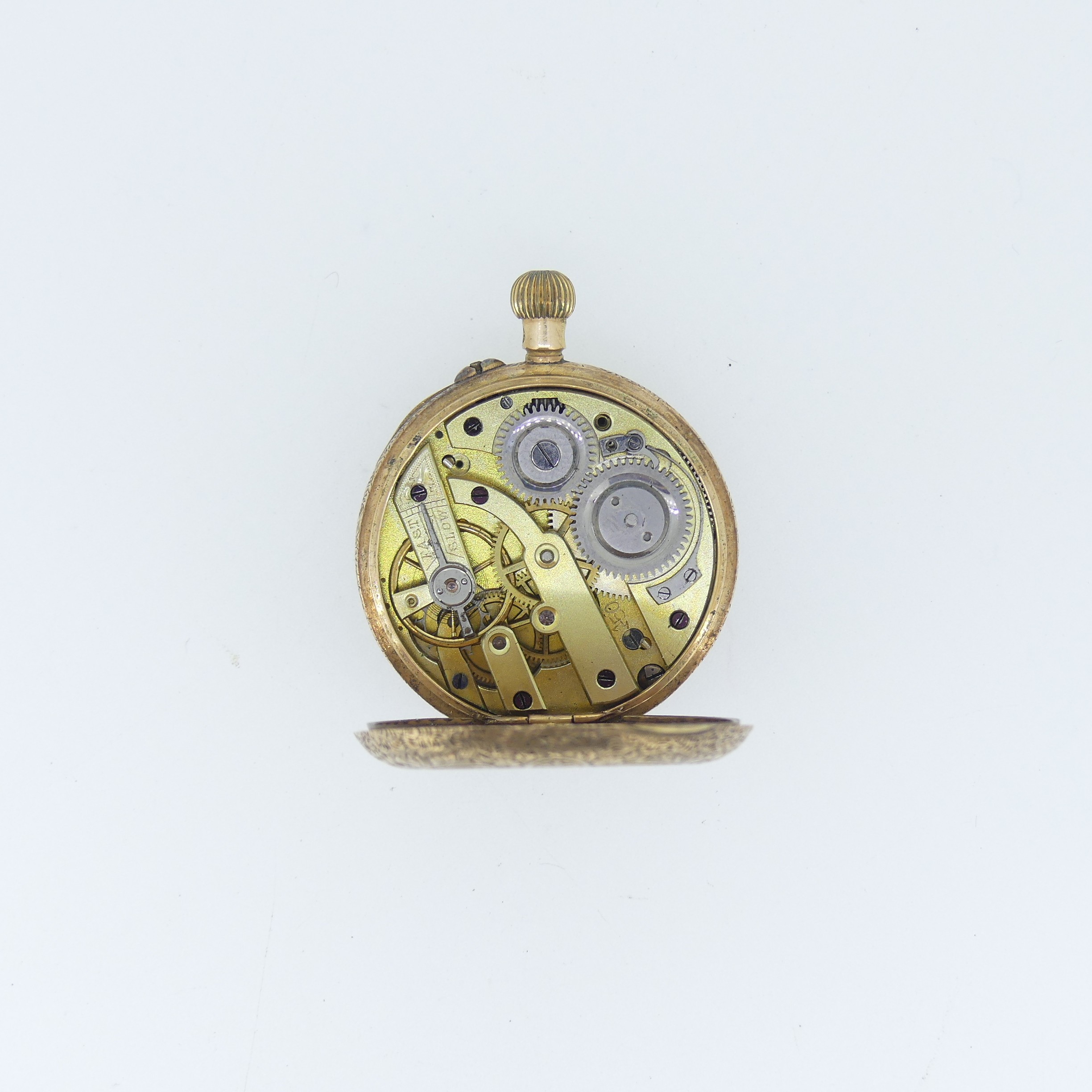 A 14ct gold Fob Watch, the gilt dial with foliate decoration and Roman Numerals, gilt metal cuvette, - Image 2 of 5