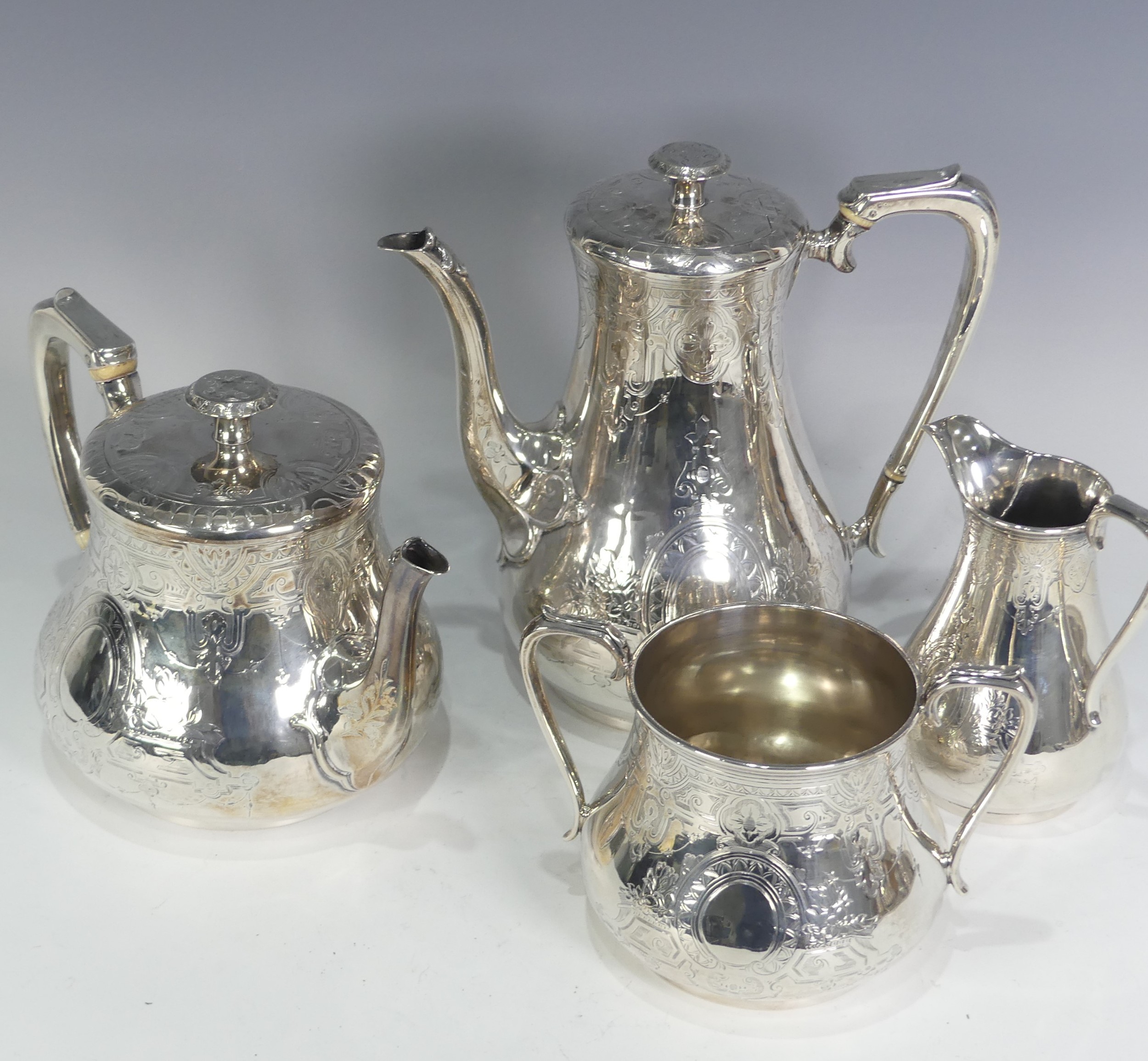 A Victorian silver four piece Tea Set, by William Hunter & Son, hallmarked London, 1866, of baluster - Image 2 of 11