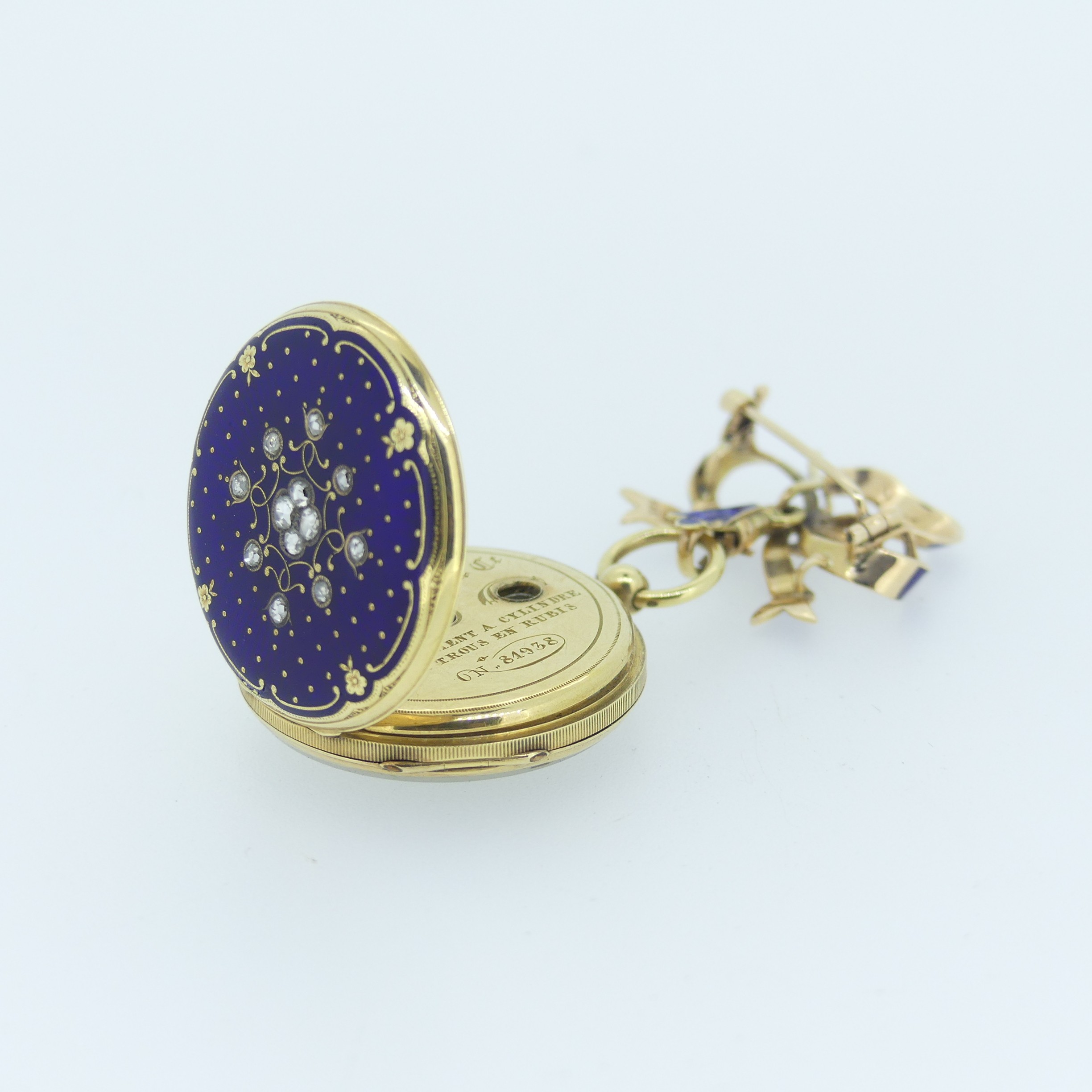 A 19thC Continental 14ct gold, enamel and diamond set Fob Watch, by Rossel & Fils, Geneve, signed on - Image 5 of 17