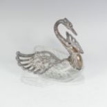 A Continental silver mounted cut glass Open Salt, in the form of a swan with hinged wing covers,