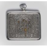 A Russian silver mounted Icon, with velvet reverse, 6.5cm wide.