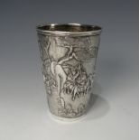 A Chinese export silver Beaker, of conical form with a continuous scene decoration depicting a