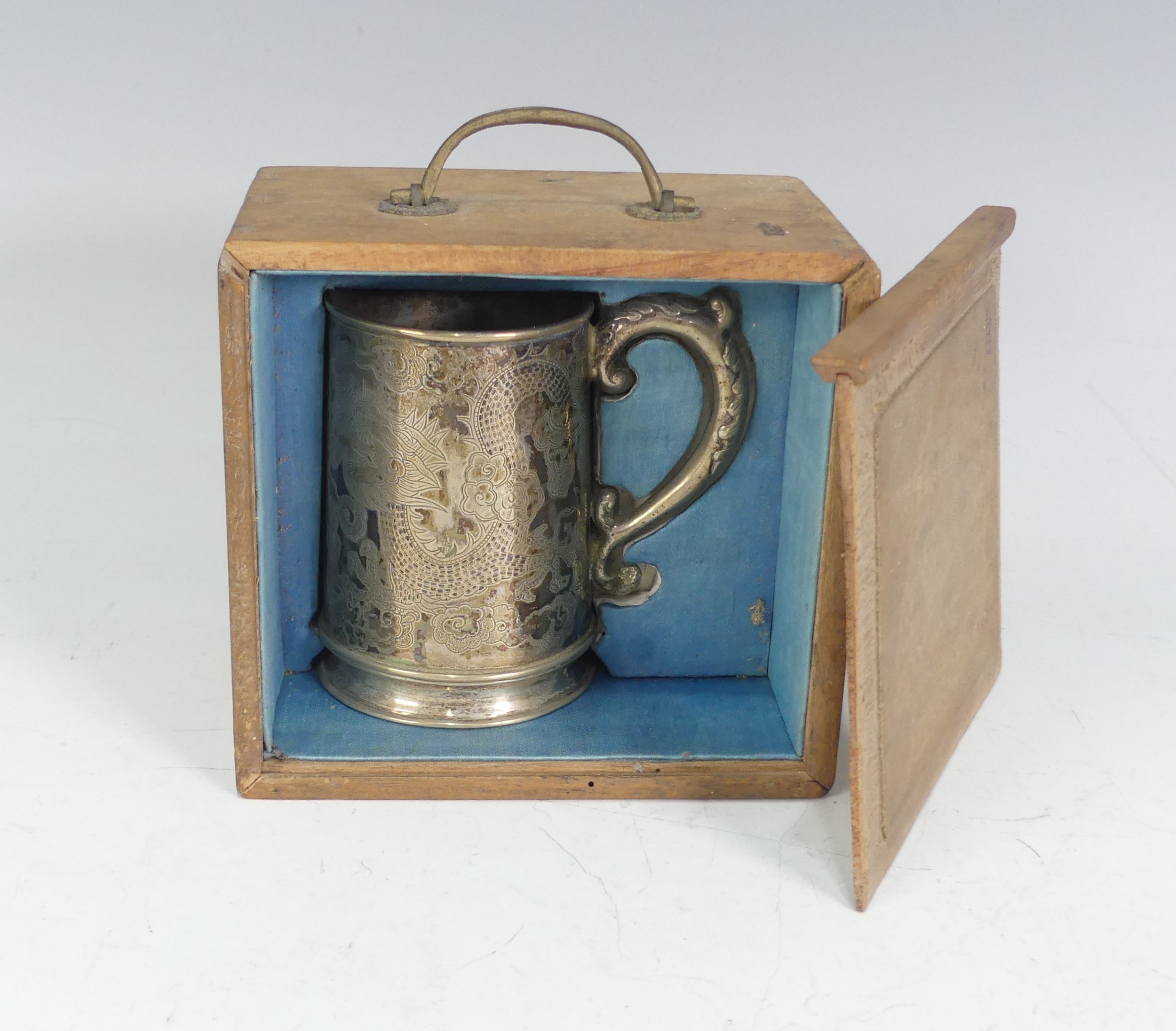 A 19thC Chinese export silver Mug, by Hung Chong, of conical form with engraved scrolling dragon - Image 9 of 14