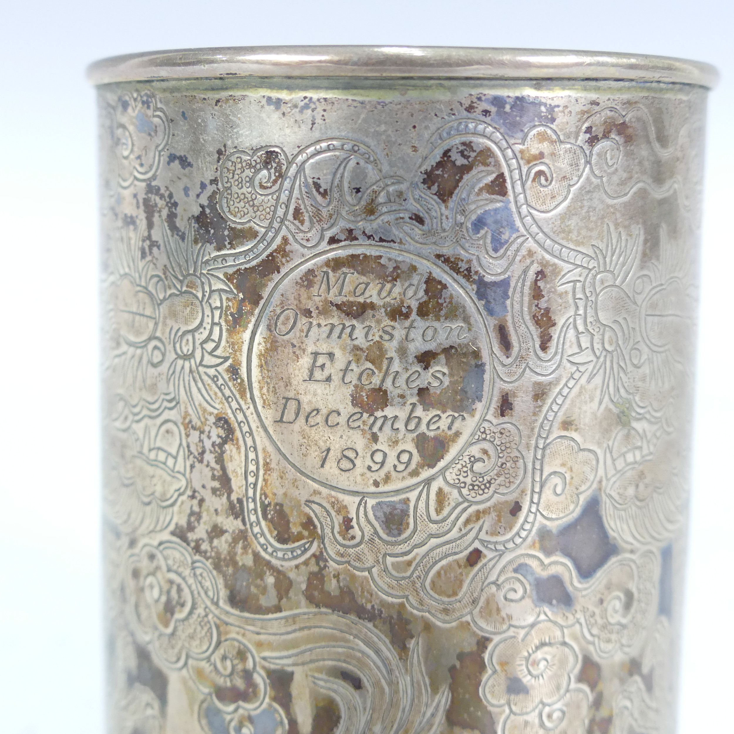 A 19thC Chinese export silver Mug, by Hung Chong, of conical form with engraved scrolling dragon - Image 13 of 14