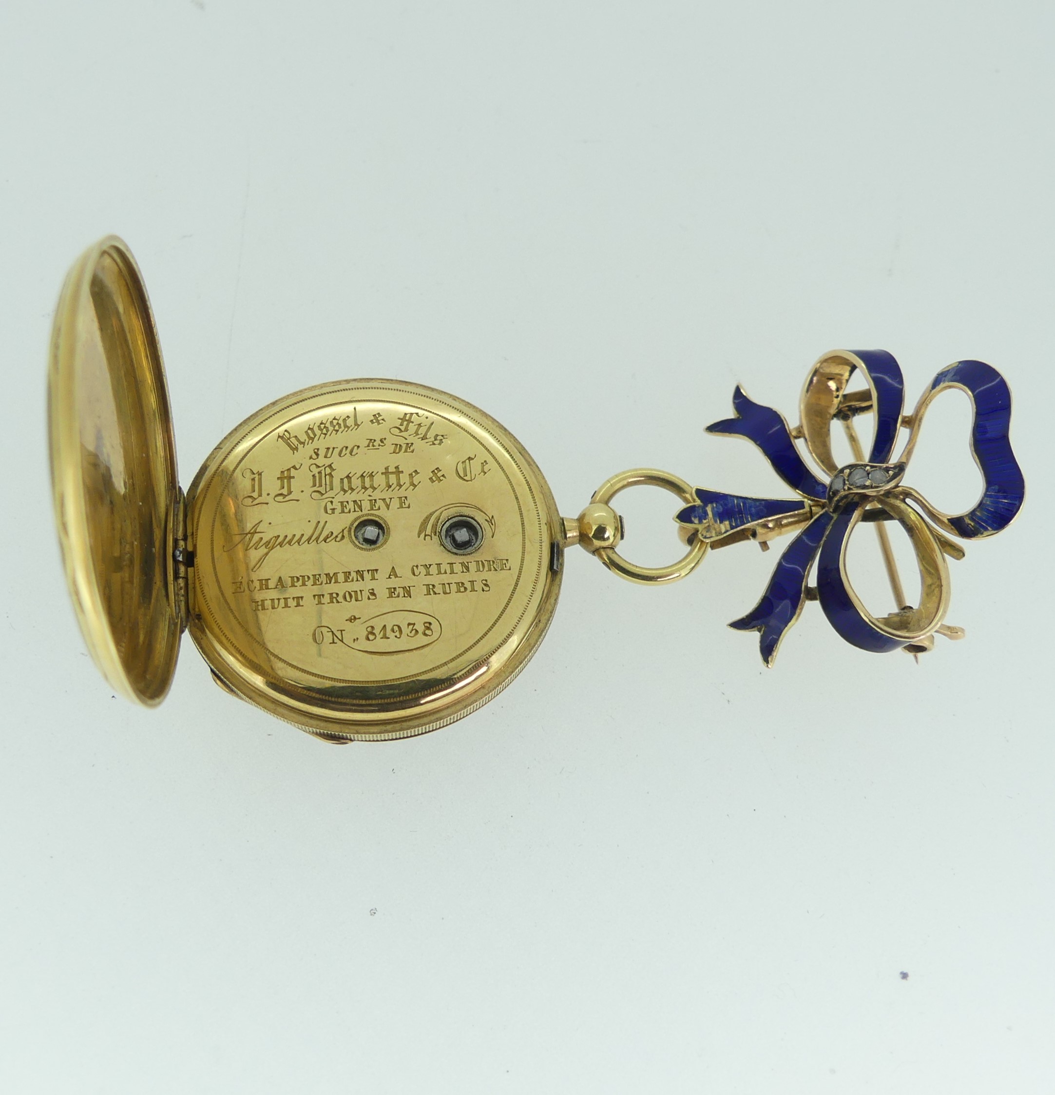 A 19thC Continental 14ct gold, enamel and diamond set Fob Watch, by Rossel & Fils, Geneve, signed on - Image 4 of 17