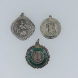 Two silver St. Christopher Pendants, together with a quantity of silver fobs, a damaged ingot