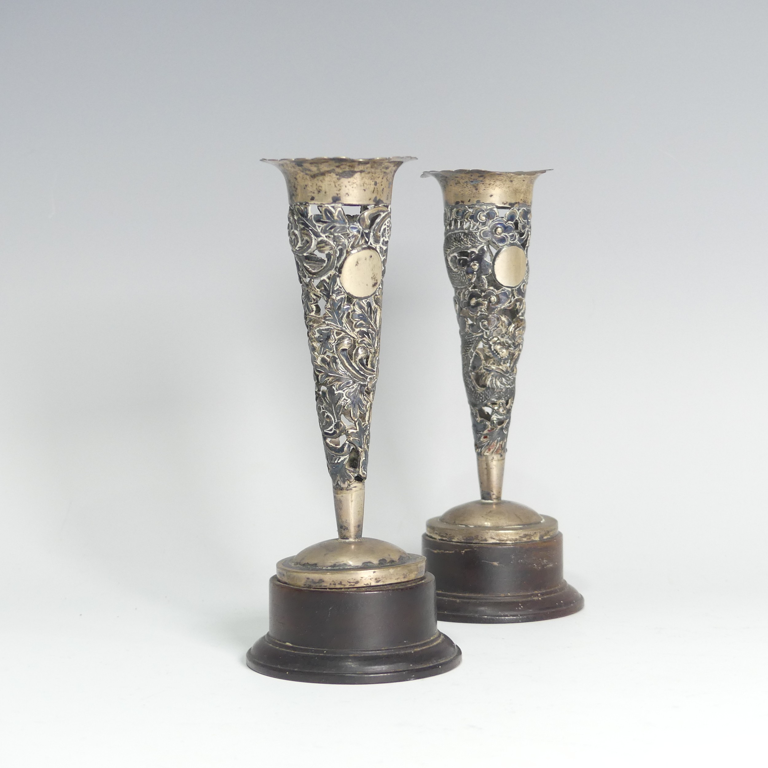 A pair of late 19thC Chinese export silver Vases, by Wing Nam & Co., Hong Kong, of conical form with - Image 2 of 6