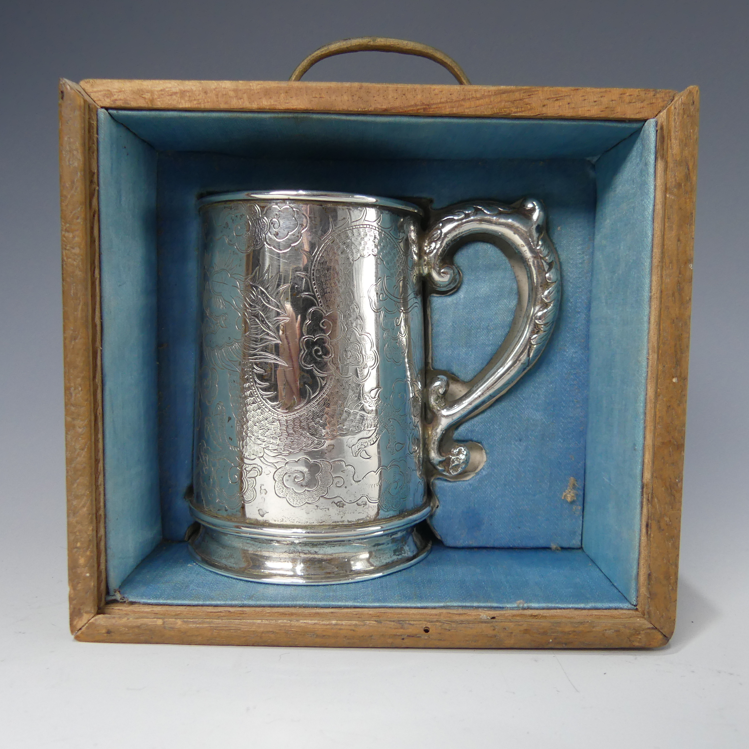 A 19thC Chinese export silver Mug, by Hung Chong, of conical form with engraved scrolling dragon - Image 6 of 14