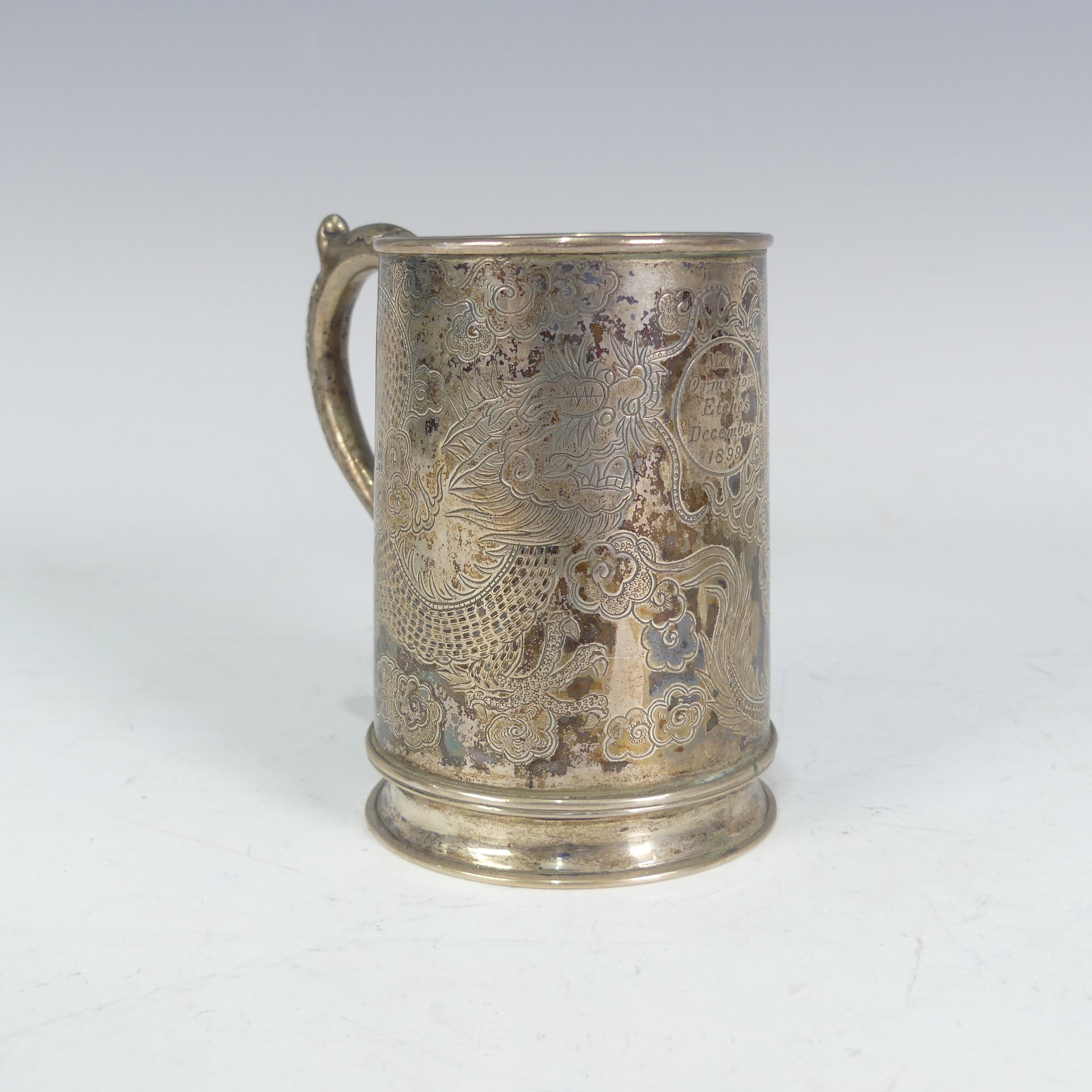 A 19thC Chinese export silver Mug, by Hung Chong, of conical form with engraved scrolling dragon - Image 11 of 14