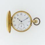 An 18ct gold half hunter Pocket Watch, unsigned white enamel dial with Arabic Numerals and