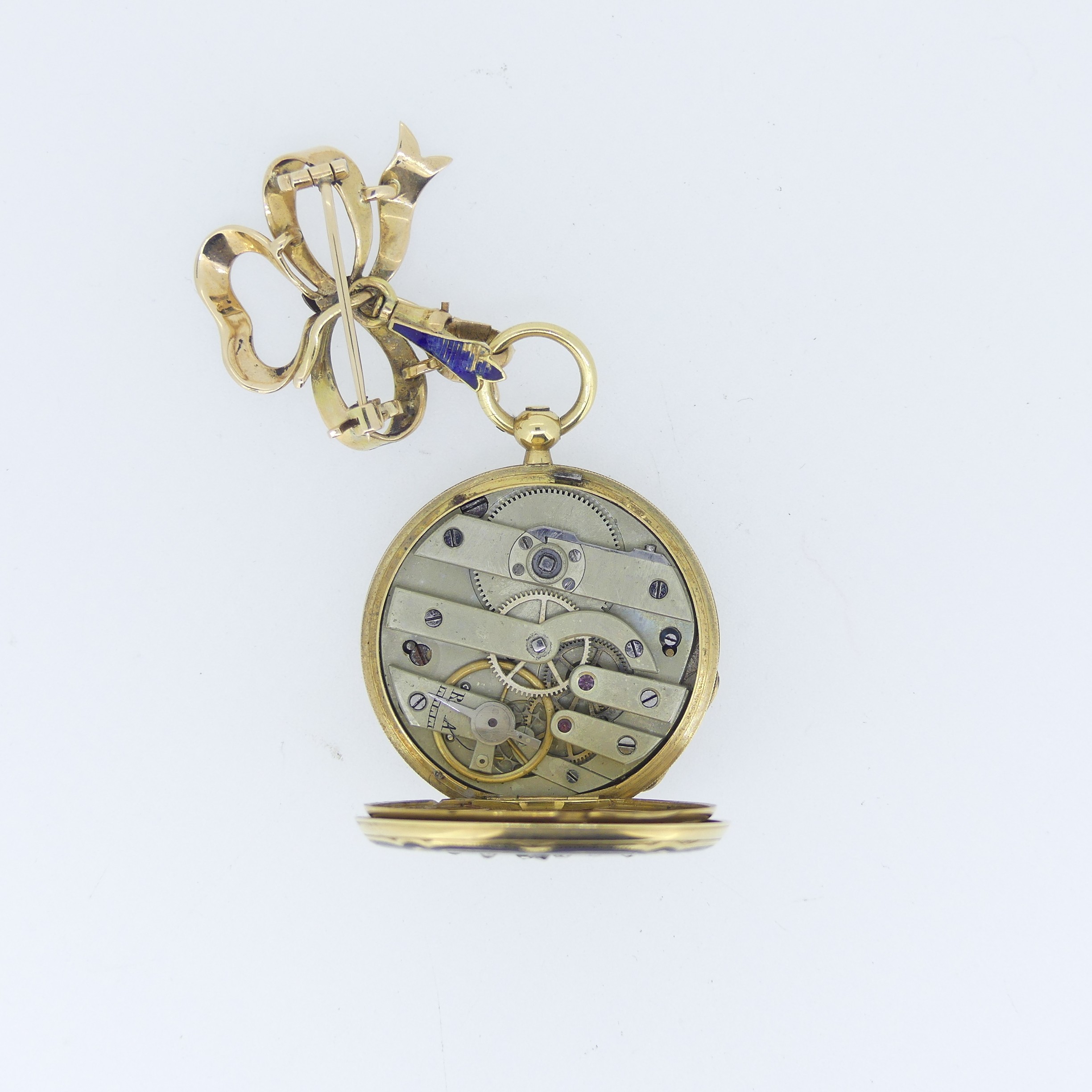 A 19thC Continental 14ct gold, enamel and diamond set Fob Watch, by Rossel & Fils, Geneve, signed on - Image 12 of 17