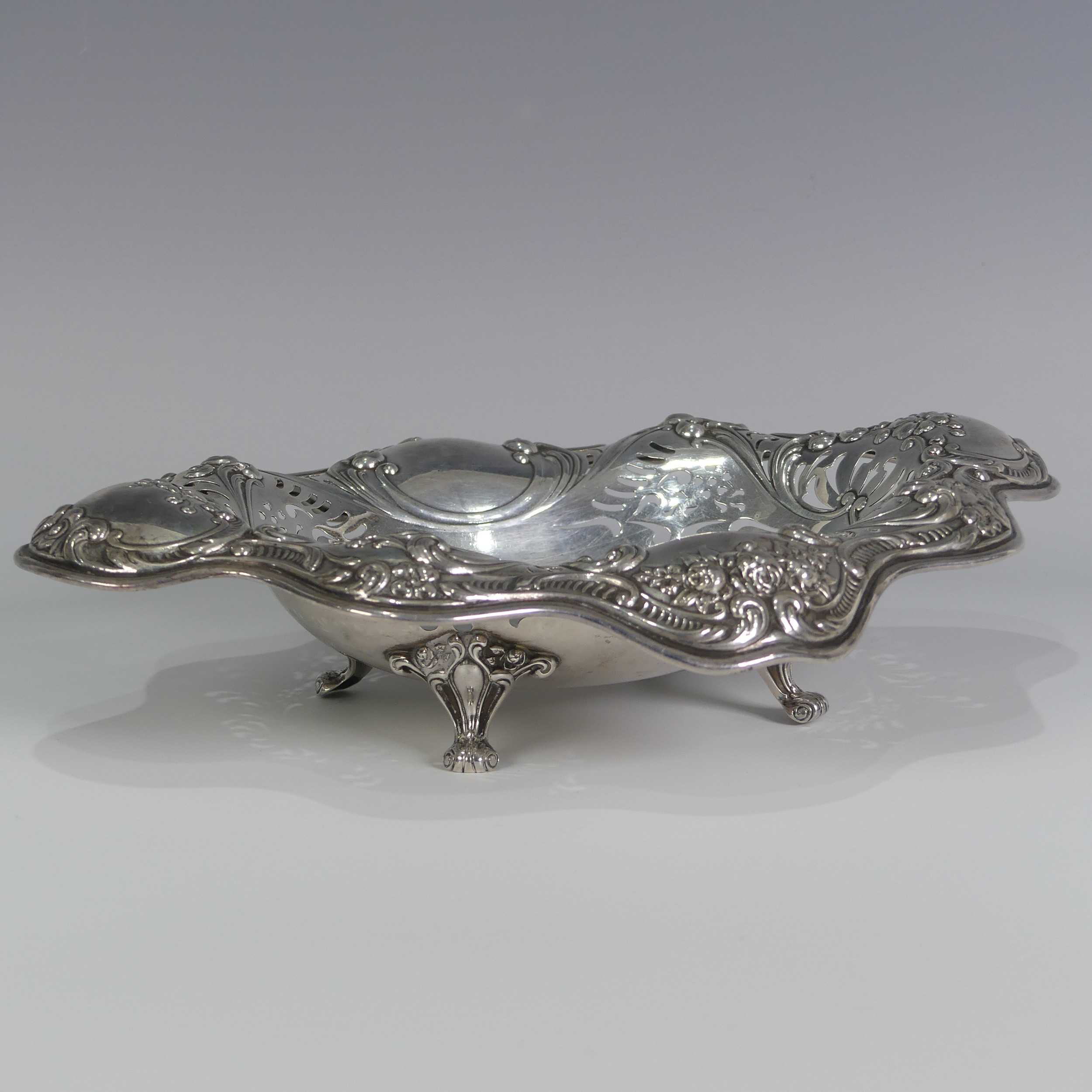 An American sterling silver Bon Bon Dish, by Gorham, design no A294, of lozenge form with pierced