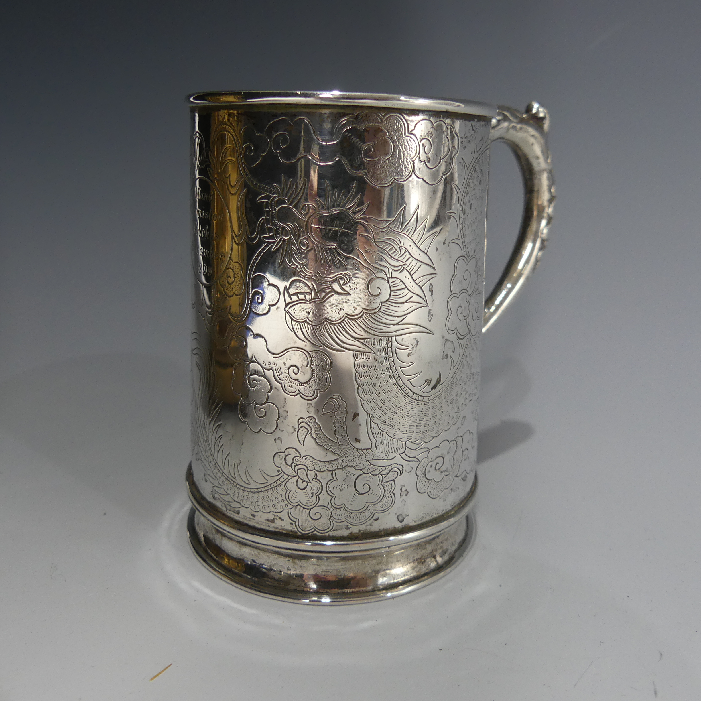 A 19thC Chinese export silver Mug, by Hung Chong, of conical form with engraved scrolling dragon - Image 5 of 14