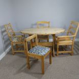 A 20thC pine kitchen oval drop-leaf Table with a harlequin set of four pine kitchen Chairs, (