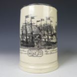 A large late 18thC creamware Frog Mug, c. 1798, printed in black with naval engagement scene