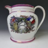 A 19thC Sunderland lustre 'Crimea' Jug, mid 19thC, with over coloured print of British and French