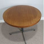 A Retro mid 20thC teak veneer circular Table, on metal base, W 91.5 cm x H 73.5 cm x D 91.5 cm.