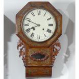 19th century rosewood and brass inlaid drop-dial Wall Clock, with white painted dial, lacks