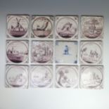 A quantity of 18thC and later Delft Tiles, decorated in magnanese scenes of Windmills, Landscapes,