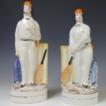 A matched pair of late 19thC Staffordshire Cricketers, modelled on George Parr, with orange cap