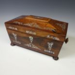 A Victorian mother of pearl inlaid rosewood Tea Caddy, with two hinged lidded compartments and