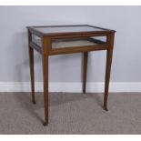 An Edwardian inlaid Bijouterie Table, raised on four tapering legs on casters, W 60 cm x H 71 cm x D