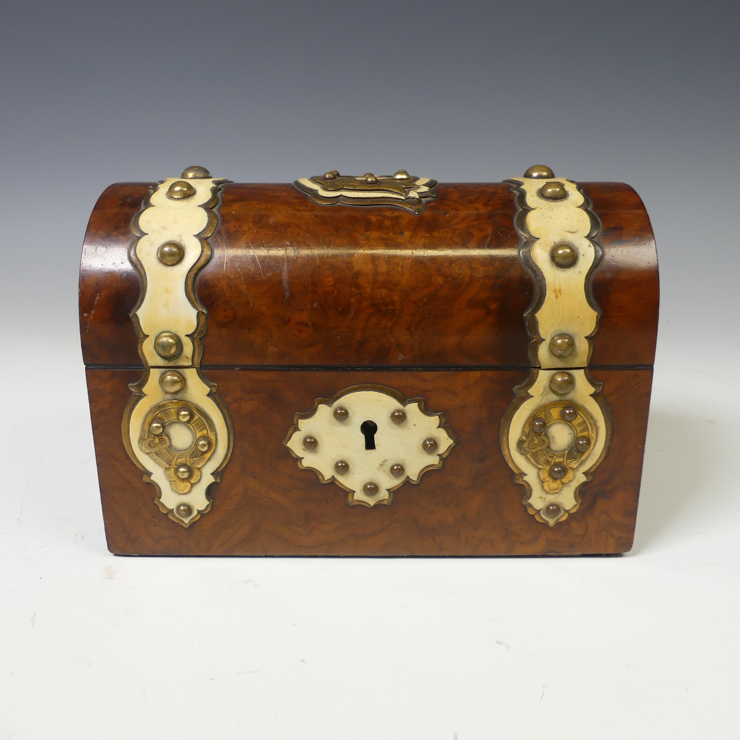 A Victorian figured walnut dome top Stationary Box, with fitted inside, W 16.5 cm x H 11 cm x D 8. - Image 8 of 9