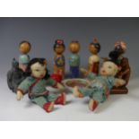 A quantity of vintage Japanese wooden Dolls, with peg joint heads, together with a quantity of other