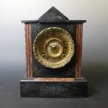 A Victorian slate and marble mantle clock, with small decorative engravings, W 23.5 cm x H 31 cm x D