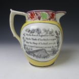 A 19thC Staffordshire pearlware Jug, commemorating Queen Caroline, c.1820, with print of Queen