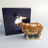 A Royal Crown Derby 'Nanny Goat' Paperweight, with gold stopper to base, boxed.