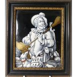 A 17th century style antique enamel on copper portrait of a Huntsman, with dog and dead game, gilt