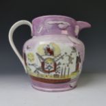 A large 19thC Sunderland lustre masonic Jug, with over painted print of sailing ship and print of