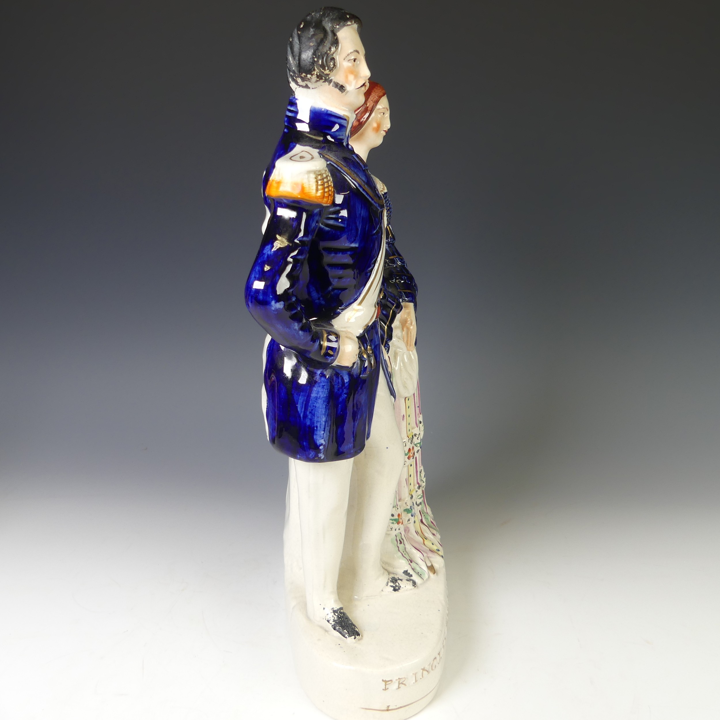 An antique Staffordshire pottery figure of a Jockey on Horseback, the rider with pink hat and blue - Image 8 of 9