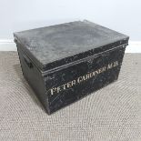 A green painted wooden Trunk, W 94 cm x H 58 cm x D 47 cm, together with a metal traveling Trunk,
