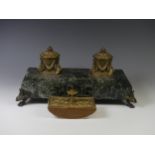 An early 20thC green marble and brass Desk Set, W 39 cm x H 17.5 cm x D 23 cm.