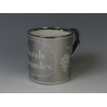 An early 19thC silver lustre Mug, with inscription for Sarah Bromley, H 8cm. Provenance; The