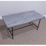 A mid-20thC Retro coffee Table, with marble slab top, raised on black metal legs, note, missing both