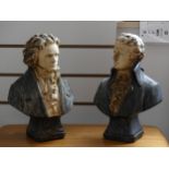 A pair of painted plaster busts of Mozart and Beethoven, both raised on titled plinth and