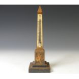 A Tunbridge ware obelisk desk Thermometer, inlaid with flowers and tumbling blocks, stepped square