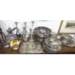 A quantity of Silver Plate, including punchbowl, trays, candelabra, tea set, salver etc., (a lot)