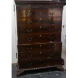 A Victorian flame mahogany Chest on Chest, oak carcass, moulded cornice over top section with two