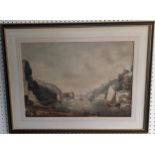 A late 18thC watercolour of Avon Gorge, looking towards Hotwells, signed 'M Daubeny' and date 1794