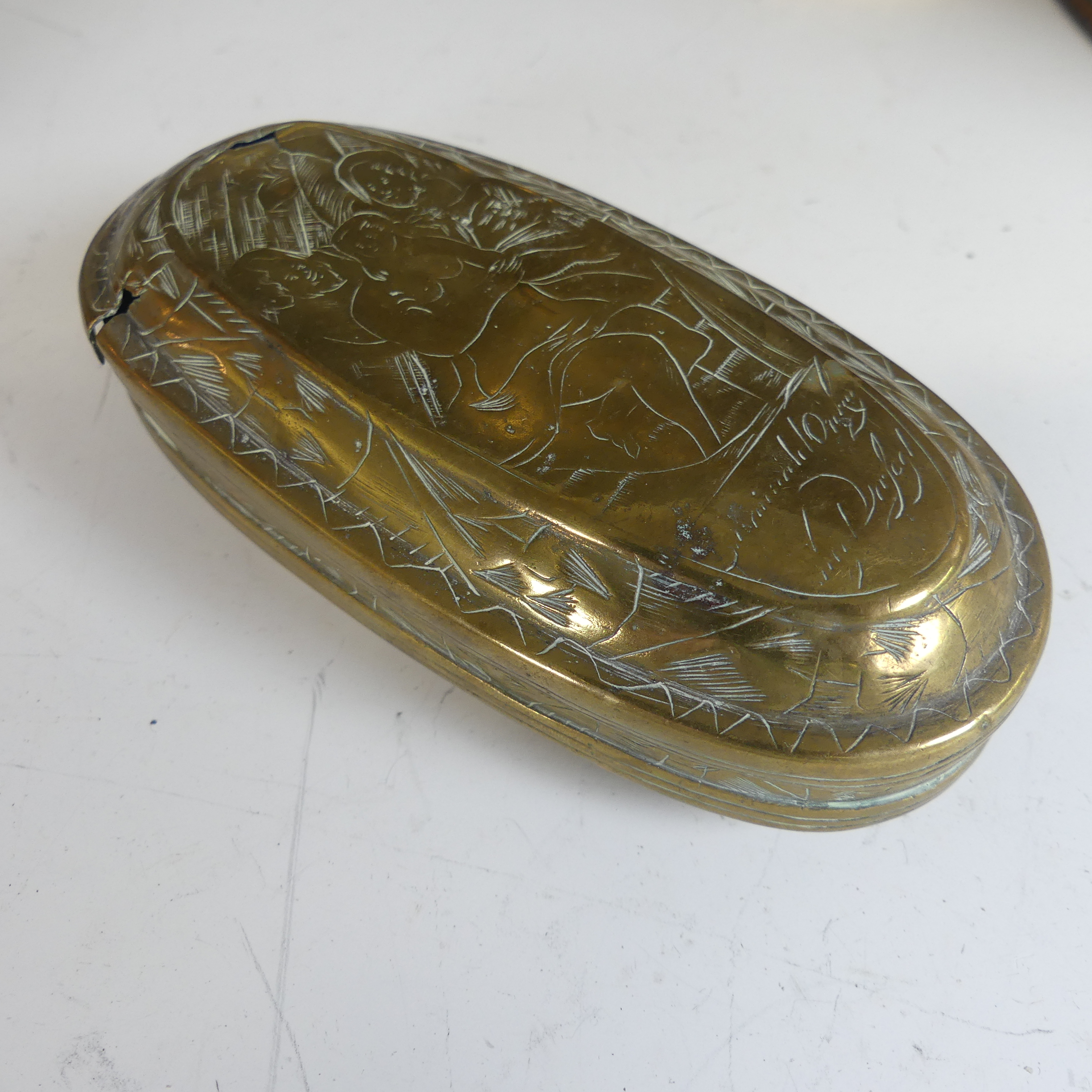 An 18th century Dutch brass Tobacco Box, of oval form, applied with chased decoration together - Image 2 of 8